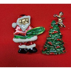 Christmas Pin/ Brooch Set of 2 Christmas Tree & Santa Pins